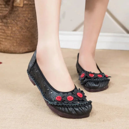 Vintage Flower Moccasins Woman Genuine Leather Ballet Flats Ladies Hollow Slip Ons Women's Luxury Loafer Purple Walking Shoes 42
