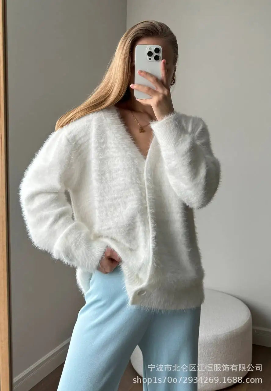 Women New Knitted Thick Cashmere Wool Cardigan Chic V Neck Single Breasted Fashion Long Sleeve Sweater Fall Winter Coat Outwear