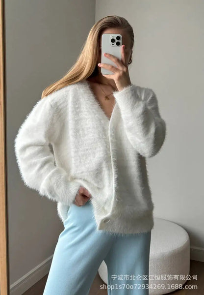 Women New Knitted Thick Cashmere Wool Cardigan Chic V Neck Single Breasted Fashion Long Sleeve Sweater Fall Winter Coat Outwear