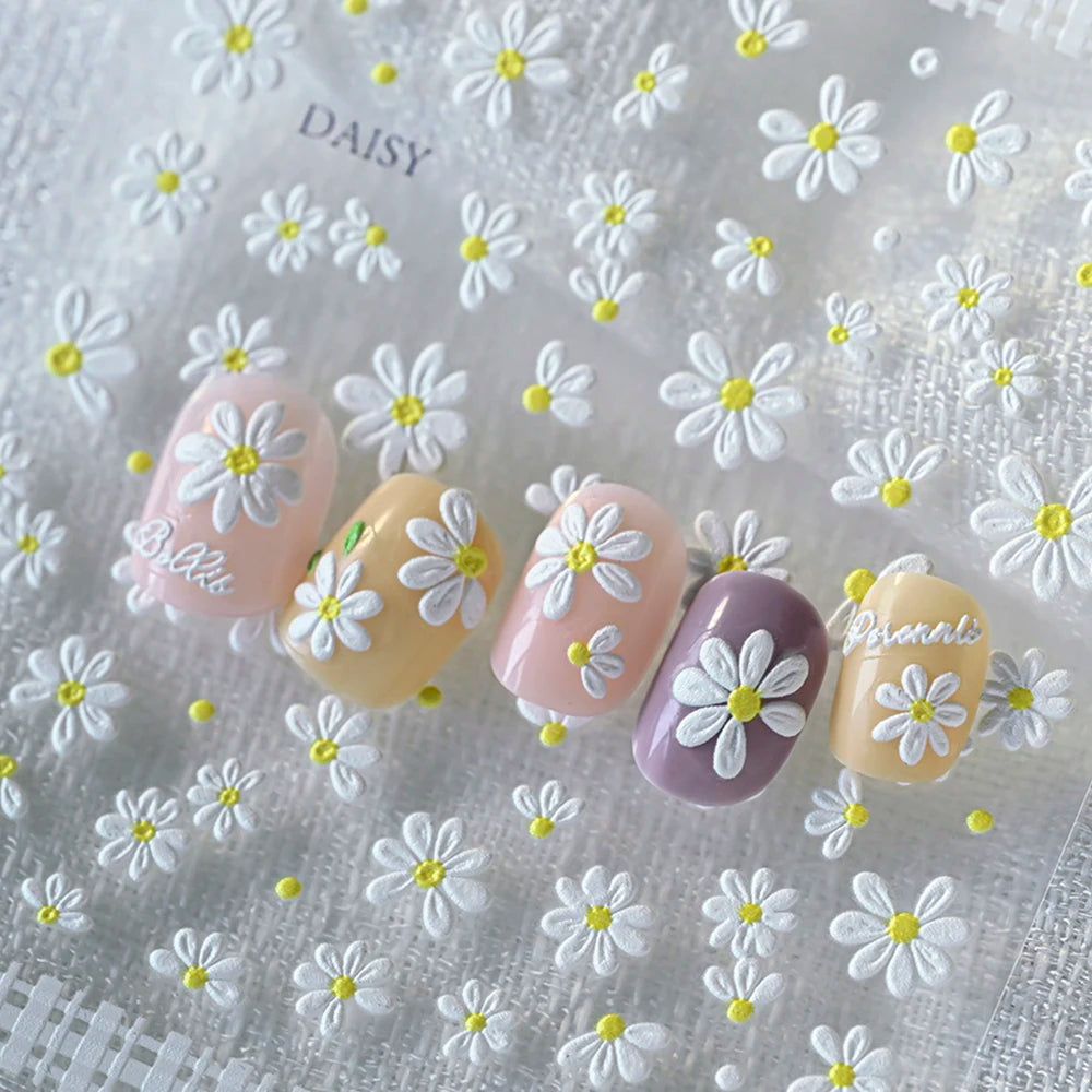 2pcs 5D White Daisy Design Nail Art Stickers Embossed Daisy Floret Green Leaf Nail Art Decals DIY Spring Summer Decor Stickers