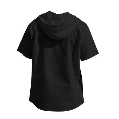 Cotton Linen Shirt for Men Hooded Short Sleeve Solid Color Breathable Lightweight Drawstring Design Shirts Casual Basic Tees