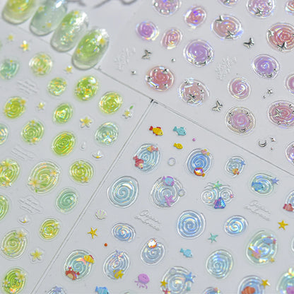 5D Summer Ocean Nail Stickers Seaside Vacation Colorful Fish Bubble Starfish Little Octopus Nail Decal Fresh Sea Manicure Decor