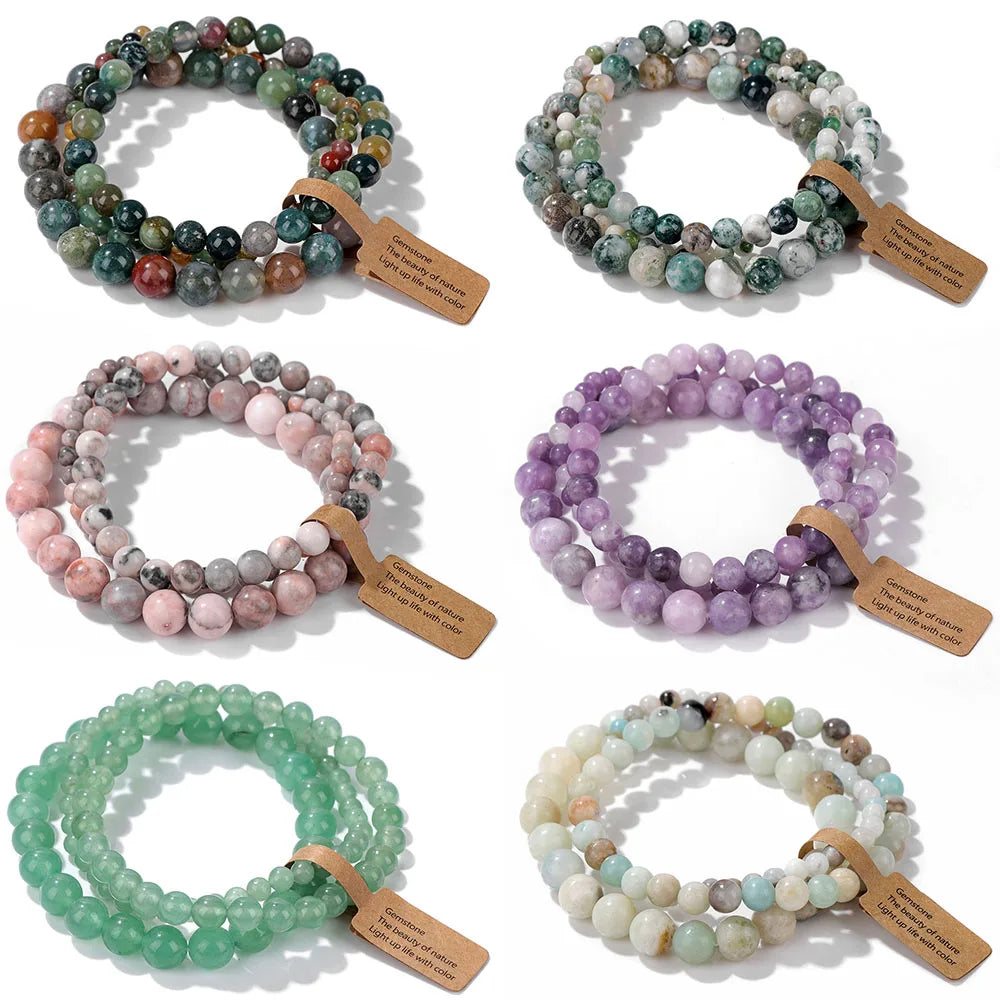 3pcs/set Natural Stone Beads Bracelet For Women Men 4 6 8 MM Indian Moss Agates Rhodonite Quartzs Jewelry Bracelet Gift Fashion