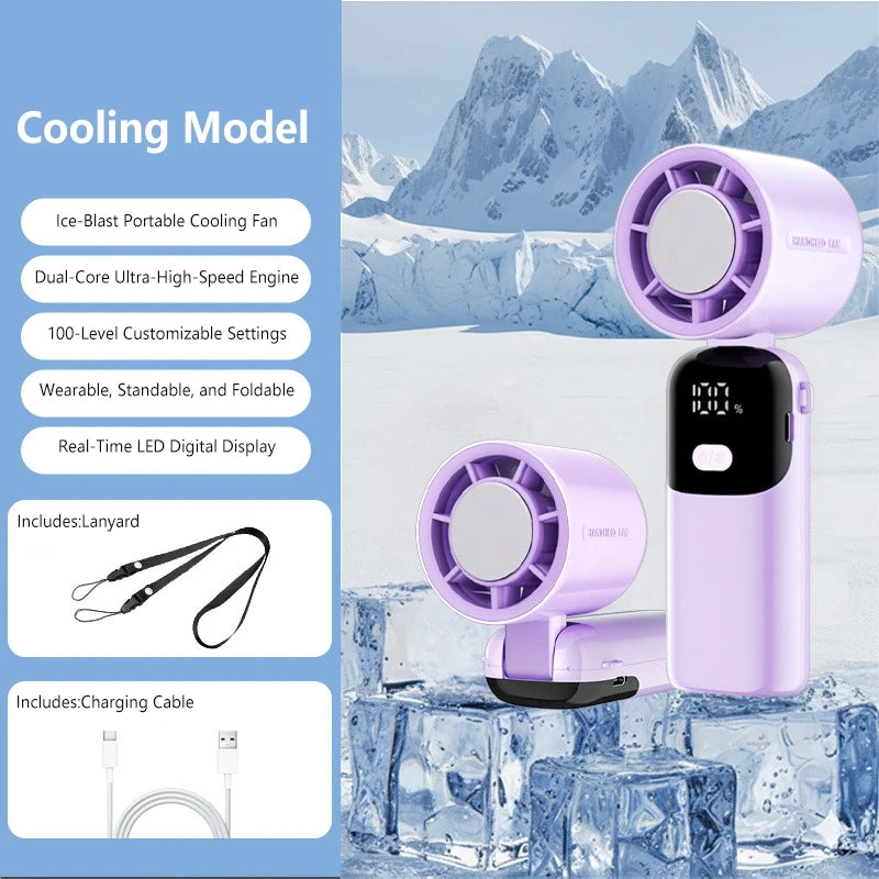 Lenovo Portable Fan Handheld Cooling Fan 100 Levels Foldable Rechargeable Strong Wind Air Cooler Digital Display Long Battery
