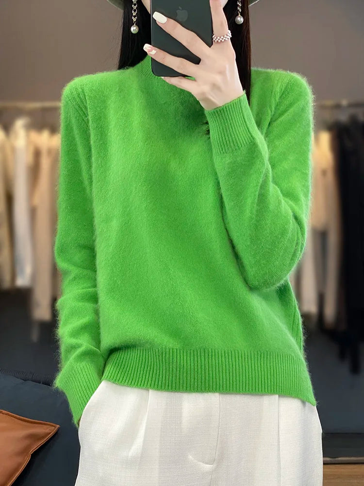 100% Mink Cashmere Sweater Women's Half High Collar Pullover Long Sleeve Cashmere Knitwear Fashion Autumn Winter Female Clothing