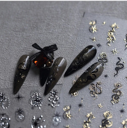 5D Gold Stamped Silver Sun Stars Snake Nail Art Stickers Totems Reliefs Self Adhesive Dark Chinese Style Manicure Decals