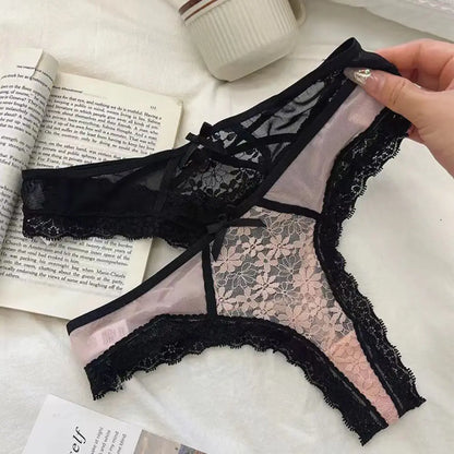 Breathable Patchwork Mesh Floral Bowknot Panties Ruffle Thong Lace Flower Transparent Briefs Low Waist Hollow Out Lady