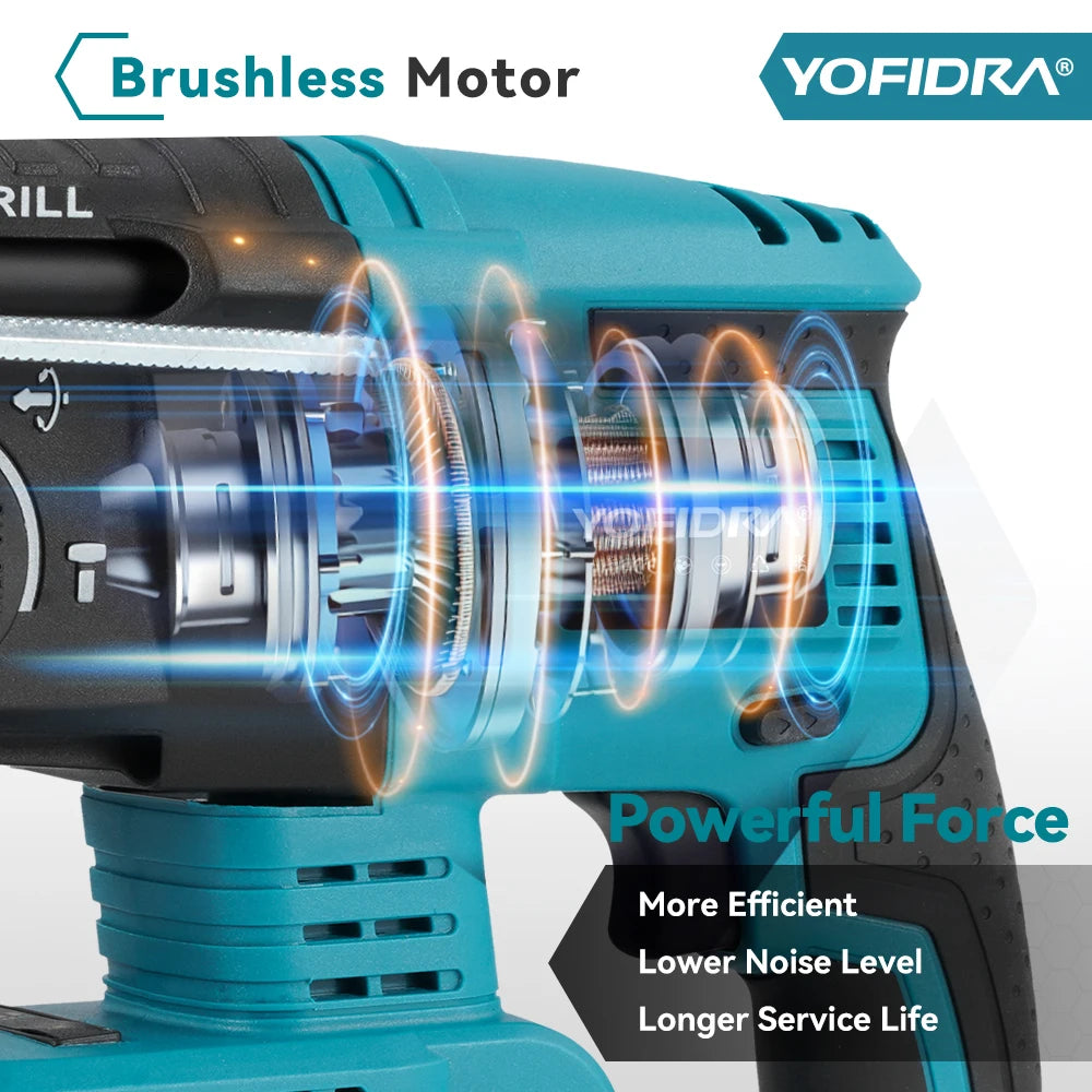 YOFIDRA 26mm Brushless Electric Rotary Hammer Cordless Multifunctional Impact Hammer Drill Power Tools For Makita 18-21V Battery Pin