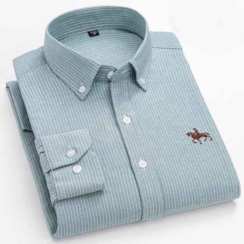 Basic Oxford Dress Shirt For Men Long Sleeve 100% Pure Cotton Solid  Casual Plaid Striped Social Business Male Regular-Fit S-6XL