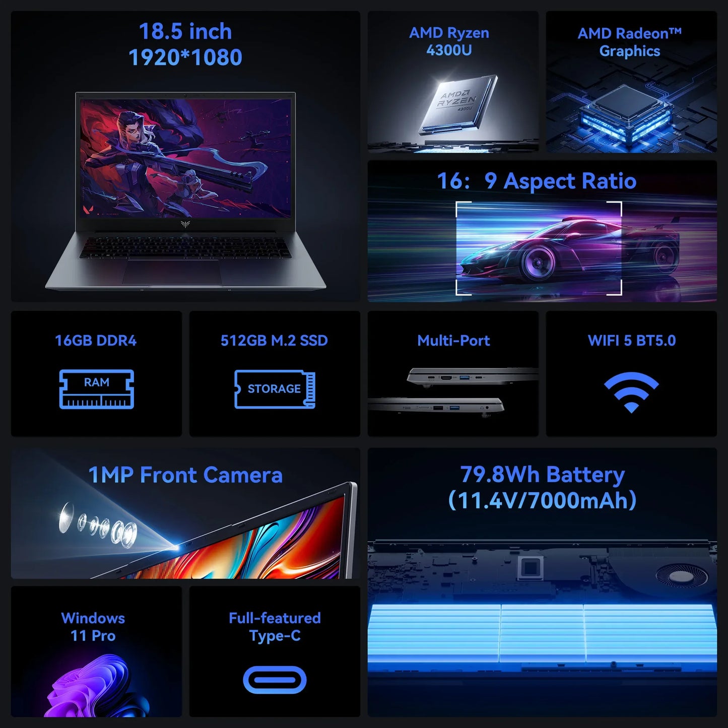 KAMRUI 18.5" 8000mAh Laptop Intel N150 4Core 16GB DDR4 512GB SSD Win11 Pro WiFi5 180° Foldable Notebook Computer for Home Office