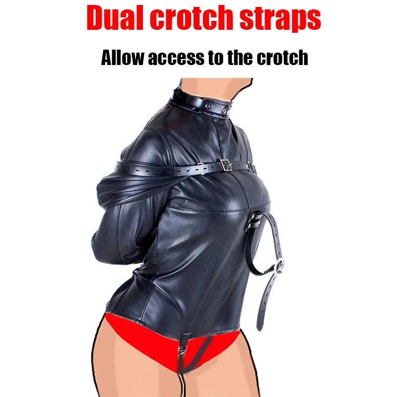 Leather SM Lingerie Straitjacket with Crotch Strap,Games Bondage Straight Jacket Harness,Slave Role Gimp Costumes BDSM Sextoys