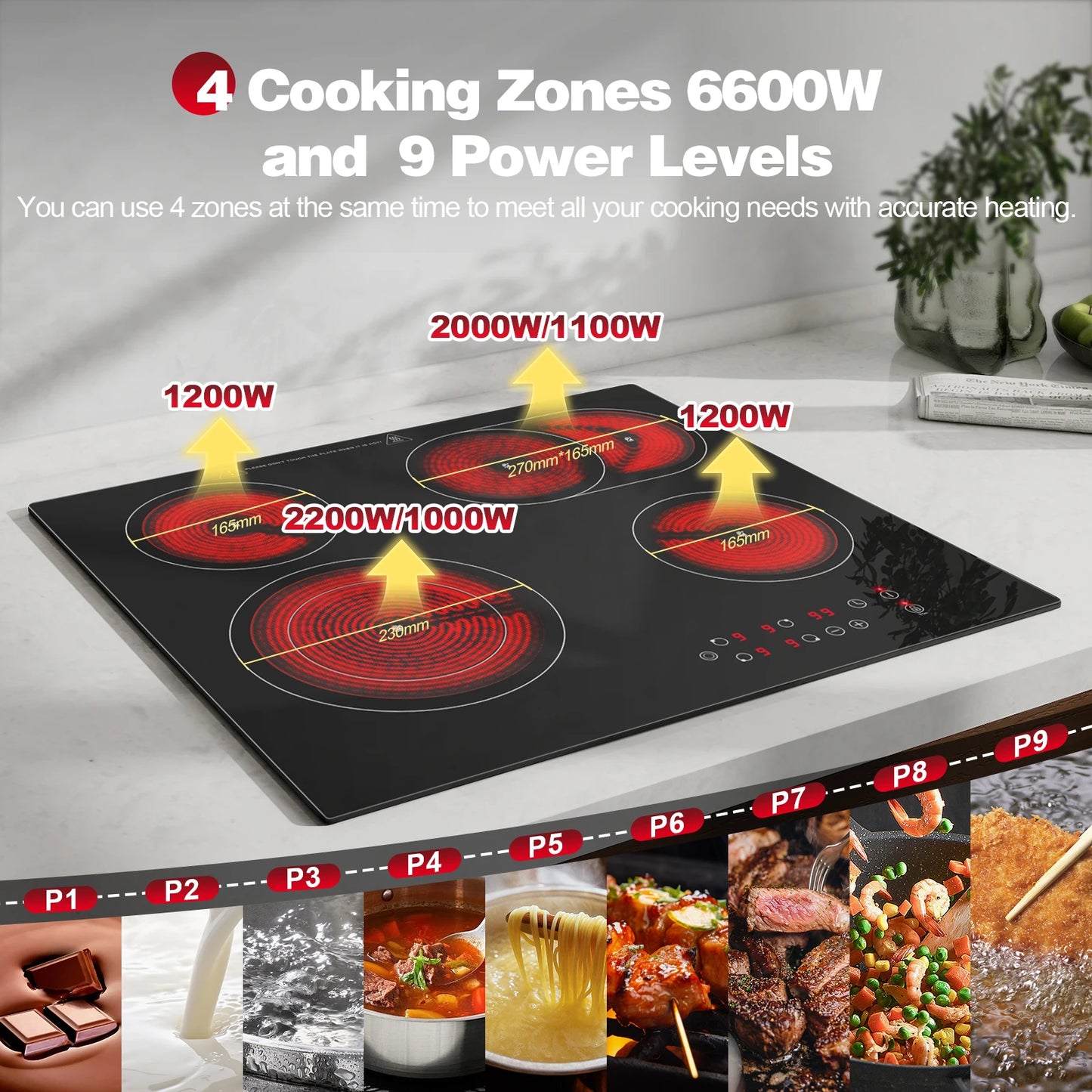2-Zone Ceramic Hob, 3000W with Child Lock, 9 Heat Levels, 1-99min Timer, Black (CE Certified)