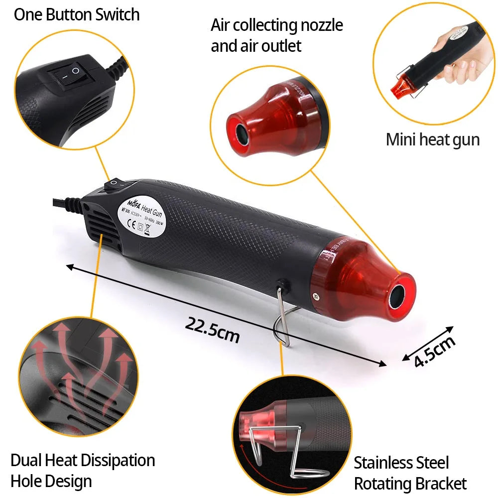 300W Hot Air Gun Portable Mini Heater for DIY Craft Embossing Shrink Wrapping PVC Multi Function Handheld Electrical Heat Tool