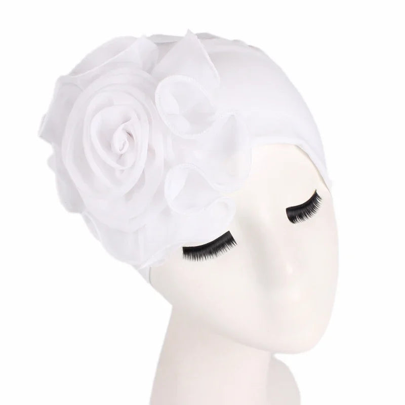 Fashion Women Big Flower Turban Hat Solid Color Elastic Cloth Head Cap Muslim Head Wraps Caps Lady Bandana Hair Accessories