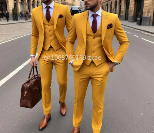 Men's 3 Piece Suit Yellow  Slim Fit Elegant Casual Business Office 3pcs