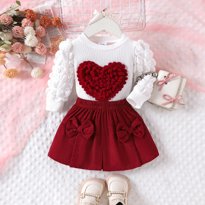 0-3Y Baby Girl Outfit Set 2pcs Puffy Sleeve Heart Shape Top and Corduroy Skirts Valentines Day Sweet Toddler Kids Clothes Girls