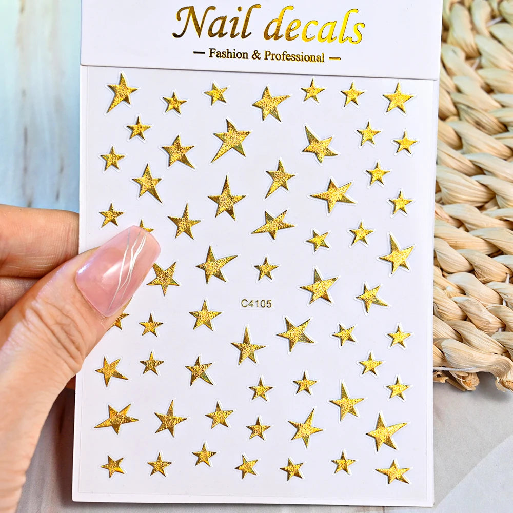 3D Bronzing Laser Silver Irregular Star Nail Decals Metallic Effect Silver Pentagram Nail Decals Adhesive Nail Art Star Stickers