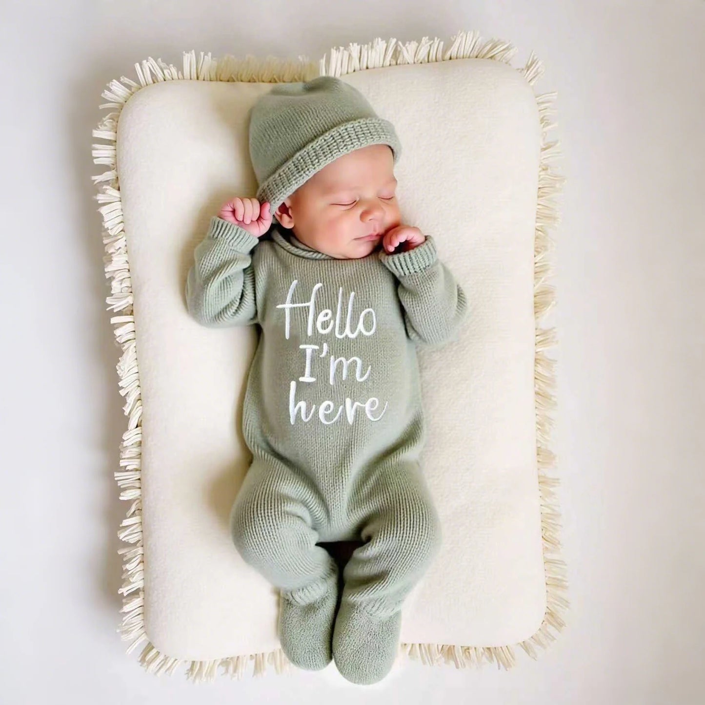 Ylsteed "Hello" Embroidery Knitting Newborn Birth Announcement Outfits Footed Jumpsuit Baby Boy Girl Photography Props Newborn