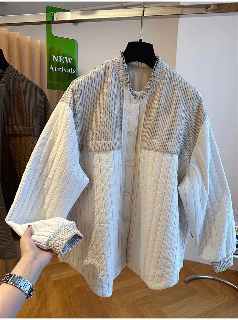 Women Autumn Advanced Design Sense, Niche Loose Casual Knit Stitching, Striped Cotton Coat Winter Light Thin Small Cotton Jacket