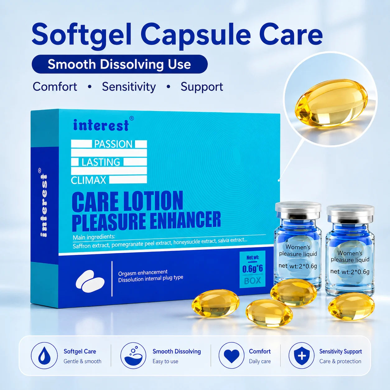 Mini Intimate Pleasure Support Capsules for Women, 6pcs Dissolving Softgel Care Lotion for Lubrication, Sensitivity & Comfort