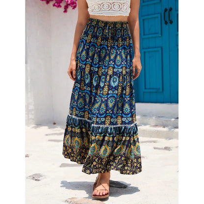 Women's Casual Temperament Skirt Women's Fashionable Bohemian Printed Elastic Waist Temperament Skirt Big Sway Temperament Skirt
