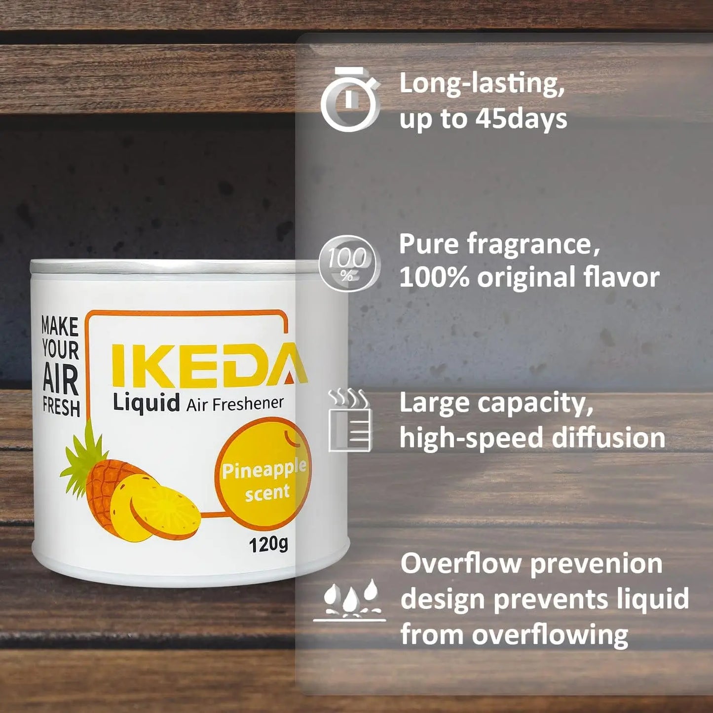IKEDA 120g Pineapple Air Freshener Liquid, Long Lasting Car Fragrance, Home Office Deodorizer, Eliminates Cigarette Pet Kitchen