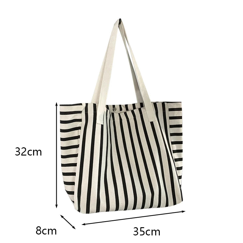Striped Canvas Bag Beach Handbag Fashionable Women's Canvas Summer Large Capacity Shoulder Bag