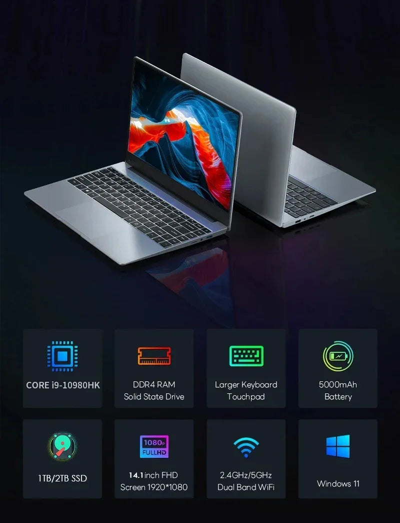 2026 New 14.1' Ultra Slim Laptop 16GB RAM 1/2TB SSD Windows 11 Pro Core I9-10980HK Notebook HD Games Office Study Computer