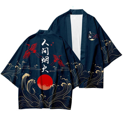 Large Size 5XL 6XL Japanese Kimono Cardigan Pants Set Print Fox Men Women Shirt Tradition Yukata Haori Obi Cosplay Costume