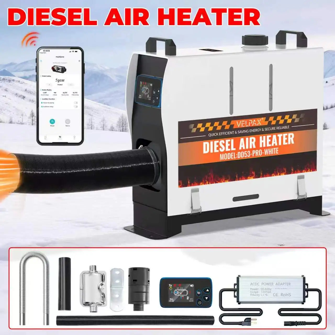 8KW 12V/220V All-in-One Diesel Heater, 0.16-0.52l/h, 8-36 ℃ Adjustable, LCD remove & Bluetooth APP, Portable for Camping RV