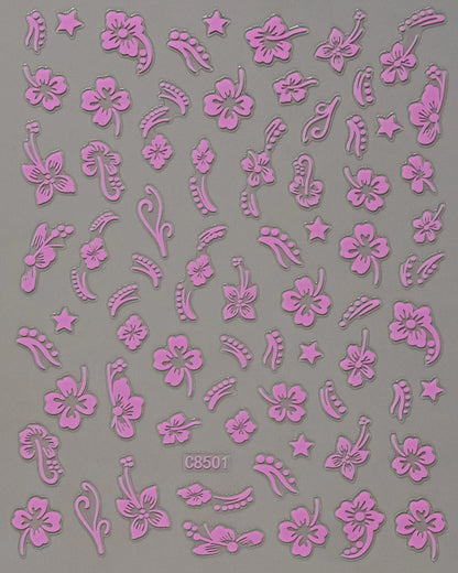 5D Hibiscus Flower Nail Embossed Sticker Acrylic Pink White Gold Petal Leaf Adhesive Decal Butterfly Dragon Floral Elegant Decor