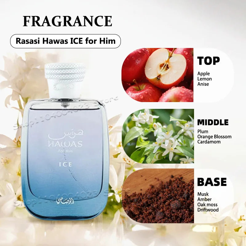 100ML Hawas Ice for Men Eau De Parfum Spray Original Arabian Perfume Men's Premium Arabian Long Lasting Fragrance