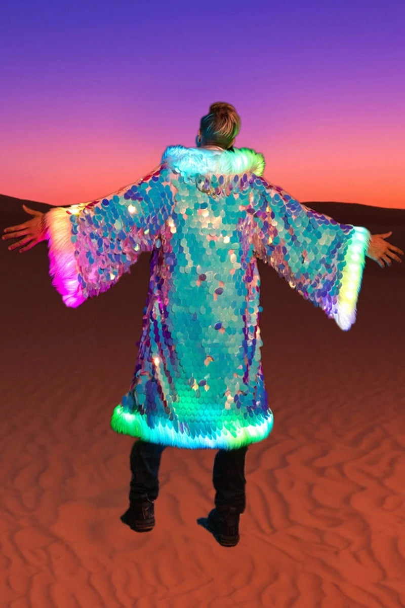 New LED Costume Sequin Faux Fur Patchwork Coat Long Shiny Fashion Holiday Party Costume Men's And Women's Faux Fur Coat
