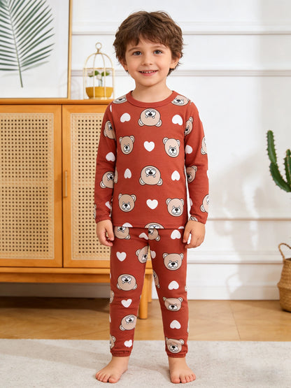 1-8 Years Kids Cotton Pajamas Set, Boys Girls Long Sleeve Home Wear, Cute Bear Print Sleepwear for Toddlers