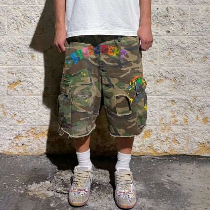 Y2K American Cargo Shorts Paint Splatter Camouflage Pattern Bottom New Trendy Retro Hip Hop Streetwear Unisex Baggy Short Pants