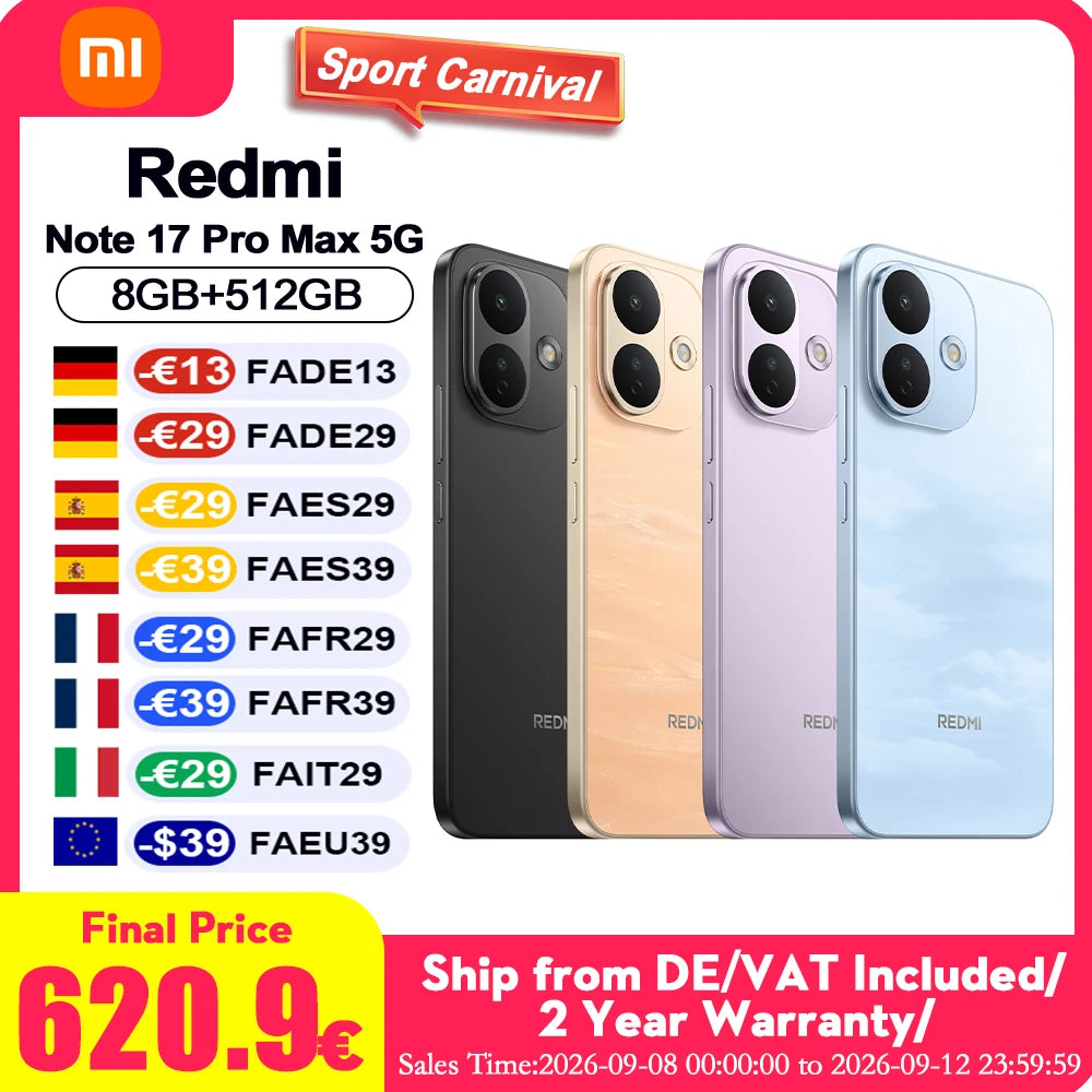 Global Version Redmi Note 17 Pro Max 5g Nfc Phones 6.83" 1.5K Crystalres Amoled Display 9210Mah' Battery with 100W Hypercharge Smartphones