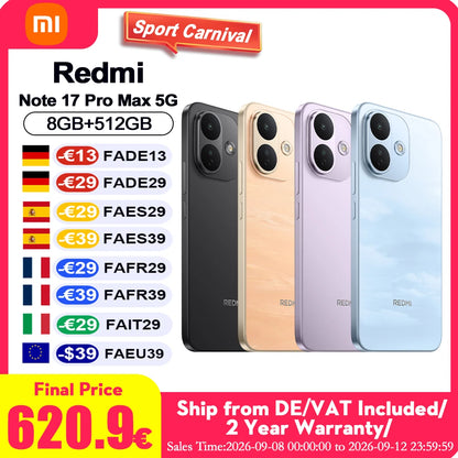 Global Version Redmi Note 17 Pro Max 5g Nfc Phones 6.83" 1.5K Crystalres Amoled Display 9210Mah' Battery with 100W Hypercharge Smartphones