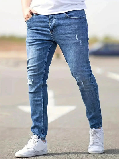 Men's American Retro Hole-Punched Stretch Slim Fit Jeans Zipper Casual Streetwear Denim Pants Classic Black Blue Skinny Trousers