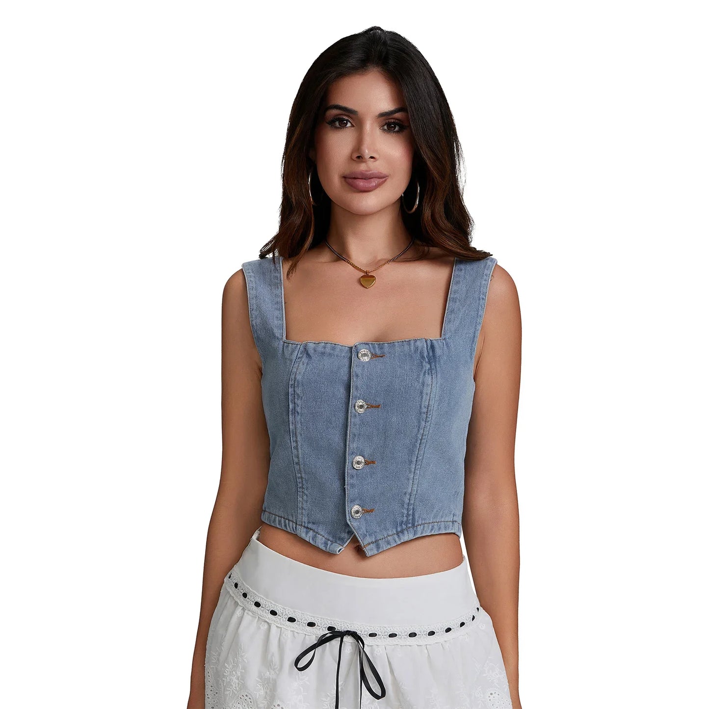 Summer Denim Tank Tops Women Slim Fit Square Neck Backless Back Shirred Sleeveless Button Down Crop Tops for Party Club Night