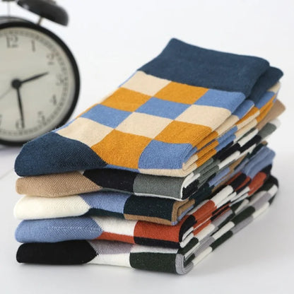 5 Pairs/Lot Combed Cotton Men's Socks Compression Fashion Colorful Square Happy Dress Men Casual Business Grid Gentleman British