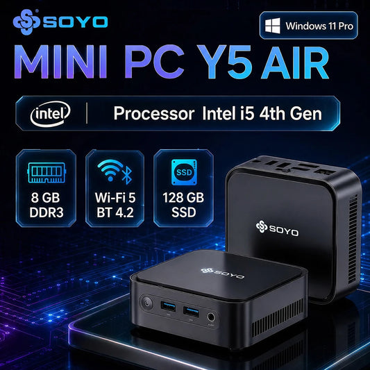 SOYO Mini PC Y5 AIR Intel Core I5 4250U 8GB RAM 128GB ROM Windows 11 Pro WiFi BT4.2 Office Desktop Computer 22nm 2.6ghz HDMI*2 USB3.0*4 RJ45*1 200MHZ Dual HDMI 4K Display Type-C