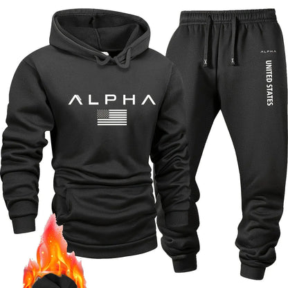 Men casual sportswear set  Fashionable American-style letter printed fleece pullover and fitted sweatpants set highly versatile