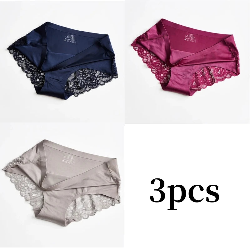 3pcs Lace Women's Panties French Seamless Underwear Female Ice Silk Briefs Solid Color Breathable Underpants Lingerie