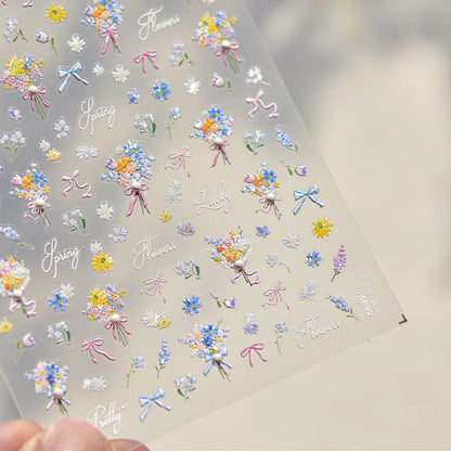 1Sheet 5D Soft Embossed Relief Nail Stickers Cute Daisies Self Adhesive Slider Stickers Press On Nails DIY Japanese Nail Art Dec