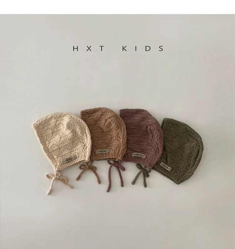 Fashion Retro Hollow Children Knitted Hats Handmade Crochet Flower Girls Parent-child Outdoor Cotton Hat 2024 Autumn Winter Caps