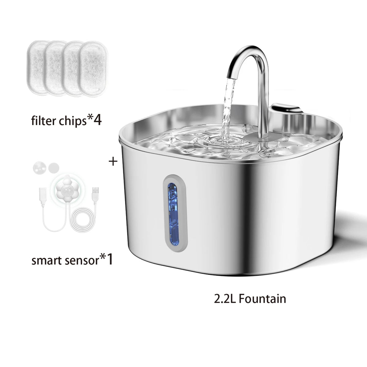 ZYFeeder 2.2L Automatic Cat Water Fountain Square Stainless Steel Pet Water Feeder Dog Water Fountain with window（No 5V 1A Plug）