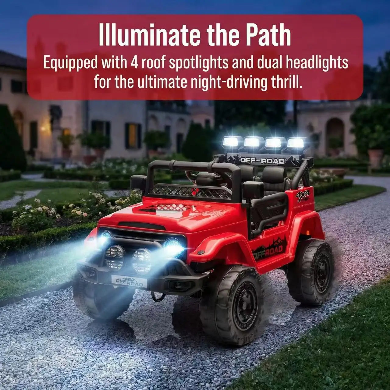 HAUSPROFI 12V Off-Road Ride-On Electric Car Toys for 3+ Years,With LED Lights,Remote Control,Seat Belt ,Bluetooth, 3-Speeds, Suspension