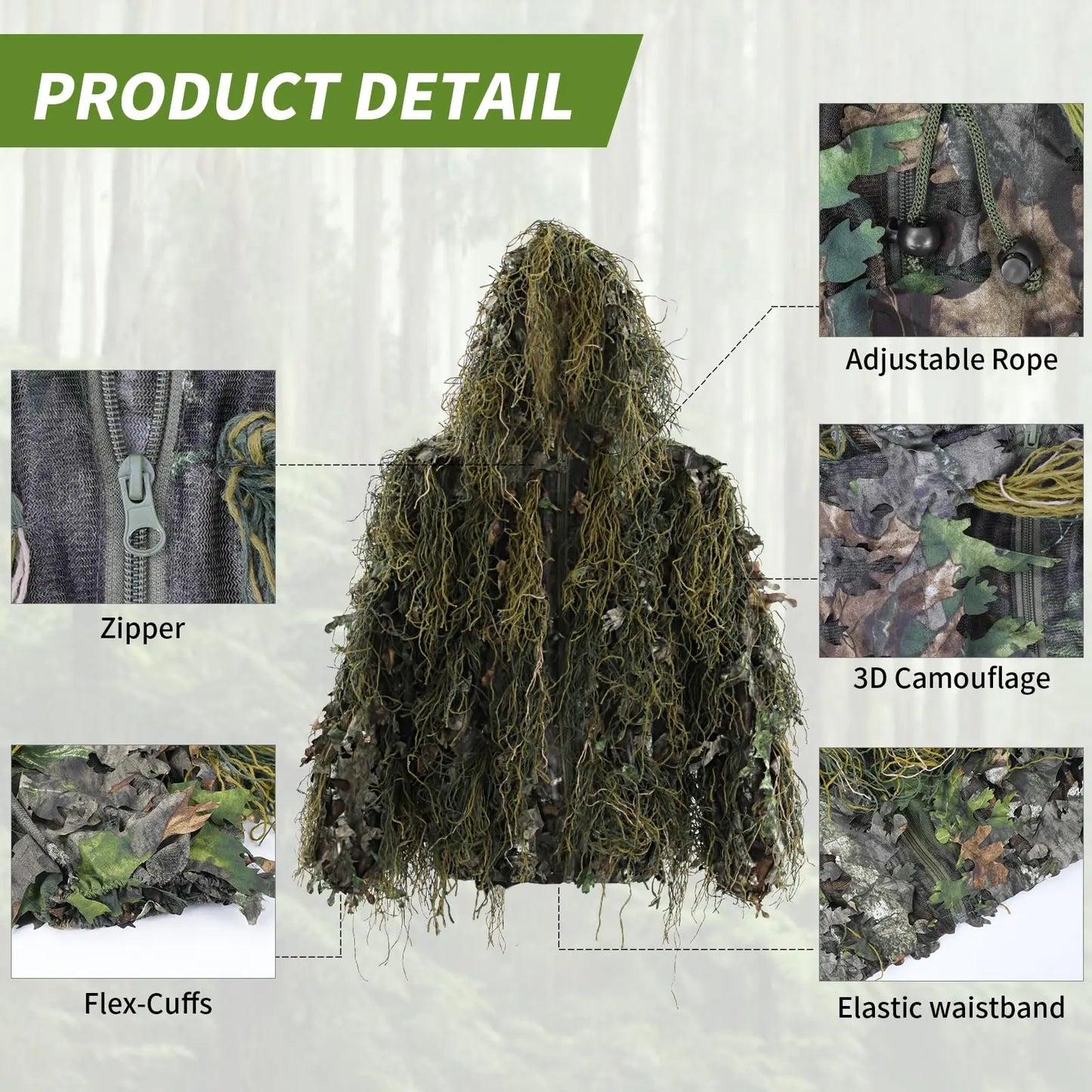 JOAXOR Ghillie Suit 3D Leafy Camo Hunting Suits, Woodland Gilly Suits Gillies Suits for Men, Leaf Camouflage Hunting Suits