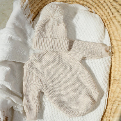 Ylsteed Hello World Knitting Newborn Photography Romper with Matching Pomp Hat Baby Boy Girl Sweater Outfits for Photo Shooting