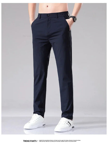 Ultra-thin Elastic Men's Casual Trousers Summer Quick-drying Ice Silk Slim Straight Business Solid Color Y2K Trousers Black Gray